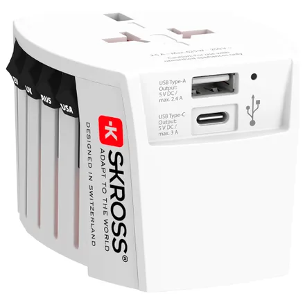 Adaptador de Tomada Skross MUV Dual USB/USB-C Bivolt – Branco