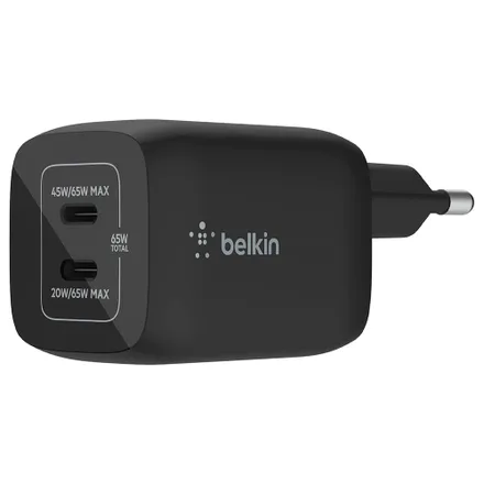 Carregador Duplo de Parede Belkin GAN PPS 65W 20/45W USB-C Preto – WCH013VFBK