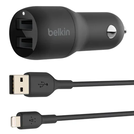 Carregador Veicular Duplo Belkin CCD001BT1MBK 24W USB-A 12W + Cabo USB-A/Lightning – Preto