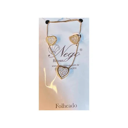 CONJUNTO FOLHEADO CORAÇÃO CRAVEJADO DOURADO