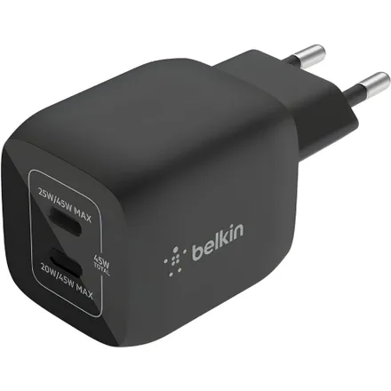 Carregador Duplo de Parede Belkin WCH011VFBK 45W USB-C GAN PPS 20/25W – Preto