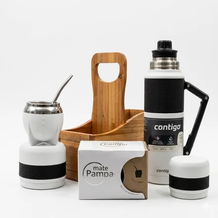 CONTIGO KIT P/MATE TERMO 1.18L + GUAMPA + BOMBILLA PORTA MADERA BLANCO