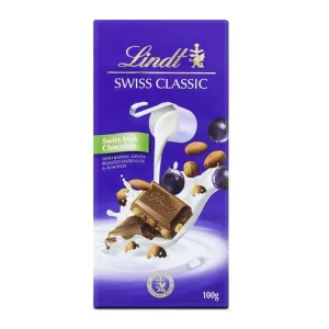 Barra Chocolate Lindt Classica Ao Leite Passas Amendoas 100g