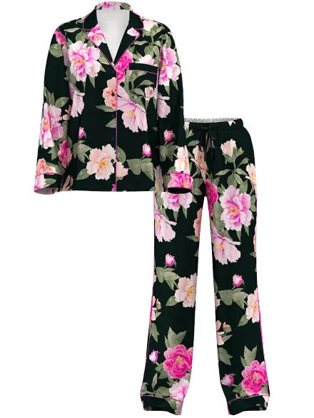 VICTORIA'S SECRET PIJAMA C/PANTALON FLOREADA #36013707 SEDA (T)M NEGRO
