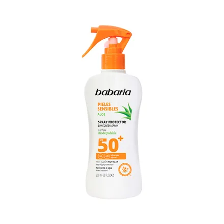 Spray Protector Babaria Aloe Pieles Sensibles Biodegradable Spf 50 Plus 200ml