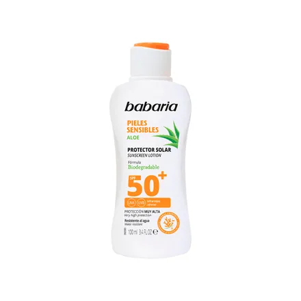 Leche Protector Solar Babaria Aloe Pieles Sensibles Biodegradable Spf 50 100ml