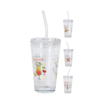 Vaso Vidrio Con Pajita Kpm Surtido 400ml
