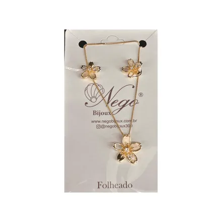 CONJUNTO FOLHEADO FLOR CRISTAL COM MADRE PÉROLA DOURADO