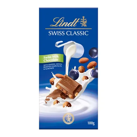 CHOCOLATE LINDT 100GR SWISS RAISINS/ALMONDS