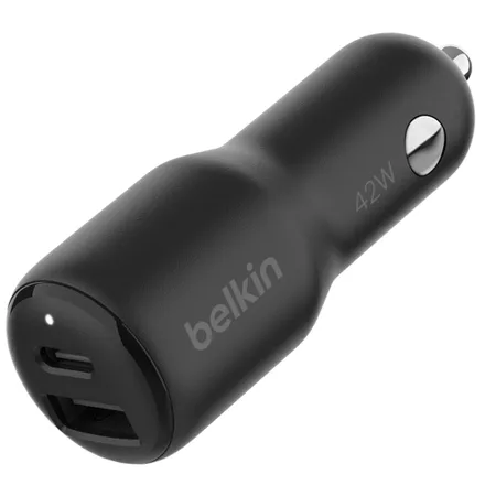 Carregador Veicular Duplo Belkin CCB005btBK 42W USB-C 30W + USB-A 12W – Preto